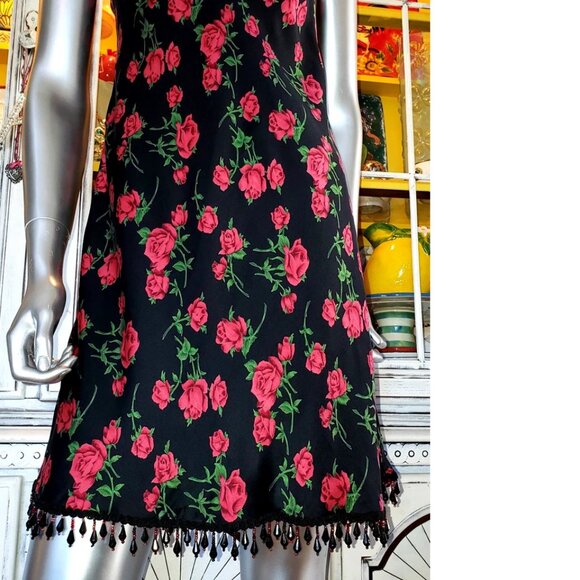 Vintage Betsey Johnson New York 90s Red Rose Floral Black Bead Silk Slip Dress S - Picture 4 of 11